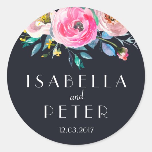 Navy Blue Pink Floral Wedding Sticker (Voorkant)