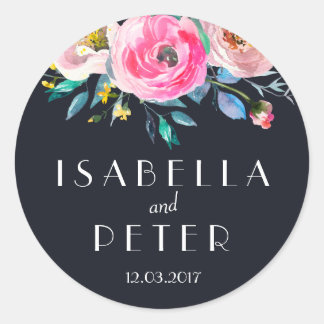Navy Blue Pink Floral Wedding Sticker