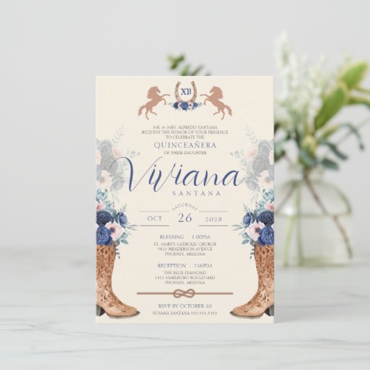 Navy Blue Pink Floral Western Charro Quinceanera I Kaart (Staand voorkant)