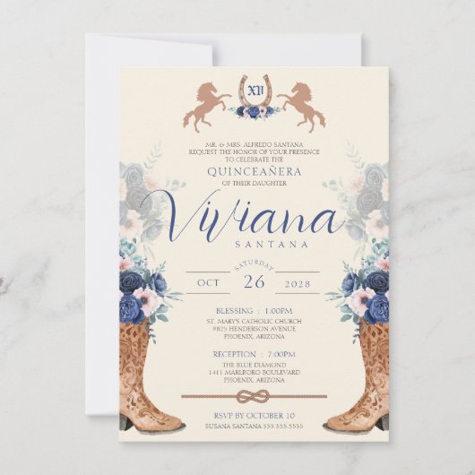 Navy Blue Pink Floral Western Charro Quinceanera I Kaart (Voorkant)