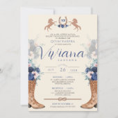 Navy Blue Pink Floral Western Charro Quinceanera Kaart (Voorkant)