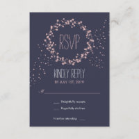 Navy Blue Pink Floral Wreath Wedding RSVP Kaart