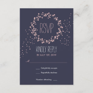 Navy Blue Pink Floral Wreath Wedding RSVP Kaart