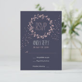 Navy Blue Pink Floral Wreath Wedding RSVP Kaart (Staand voorkant)
