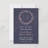 Navy Blue Pink Floral Wreath Wedding Save the Date (Voorkant)