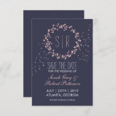Navy Blue Pink Floral Wreath Wedding Save the Date (Voorkant / Achterkant)