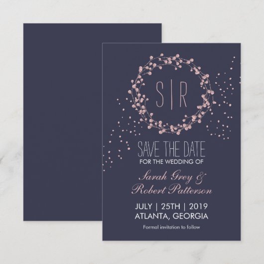 Navy Blue Pink Floral Wreath Wedding Save the Date (Voorkant / Achterkant)