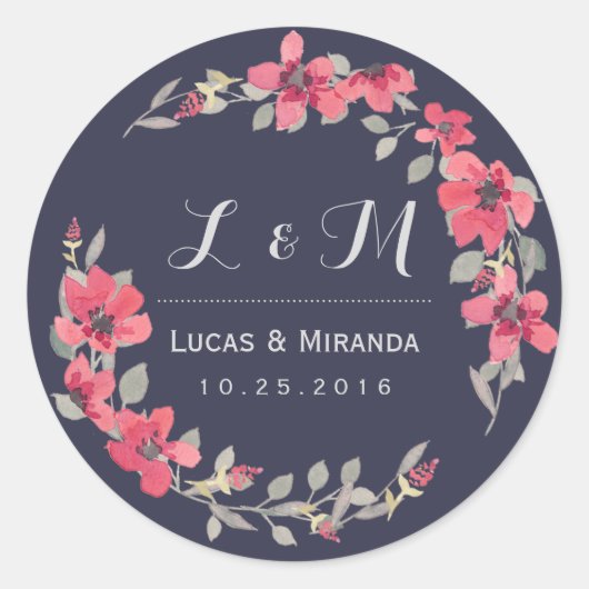 Navy Blue Pink Floral Wreath Wedding Sticker (Voorkant)