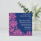 Navy Blue Pink Flourish Damask Wedding Invitations Kaart (Staand voorkant)
