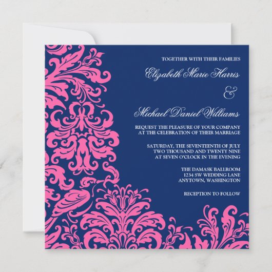 Navy Blue Pink Flourish Damask Wedding Invitations Kaart (Voorkant)