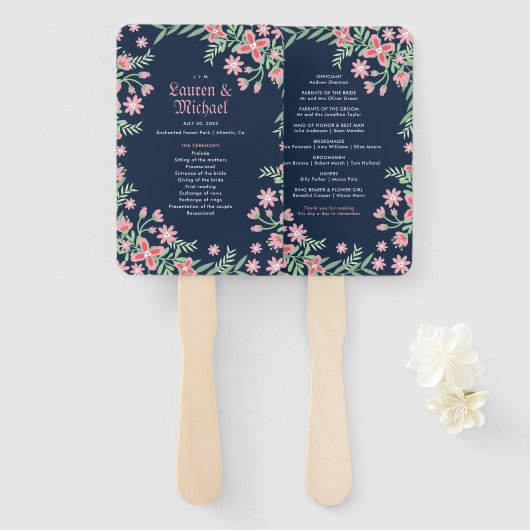 Navy Blue Pink Flower Swirl Spring Floral Wedding Handwaaier (Voorkant en achterkant)