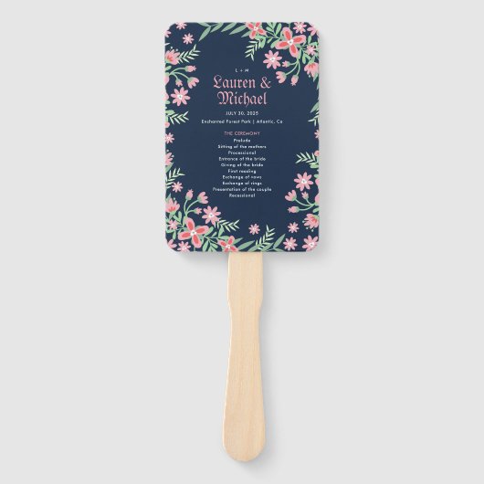Navy Blue Pink Flower Swirl Spring Floral Wedding Handwaaier (Voorkant)