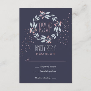 Navy Blue Pink Flower Wreath Wedding RSVP Kaart