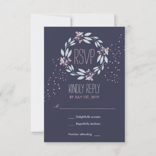 Navy Blue Pink Flower Wreath Wedding RSVP Kaart (Voorkant)