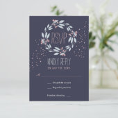 Navy Blue Pink Flower Wreath Wedding RSVP Kaart (Staand voorkant)