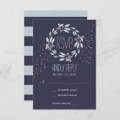 Navy Blue Pink Flower Wreath Wedding RSVP Kaart (Voorkant / Achterkant)