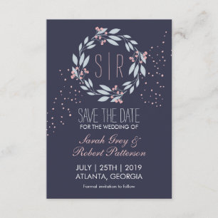 Navy Blue Pink Flower Wreatw Wedding Save the Date