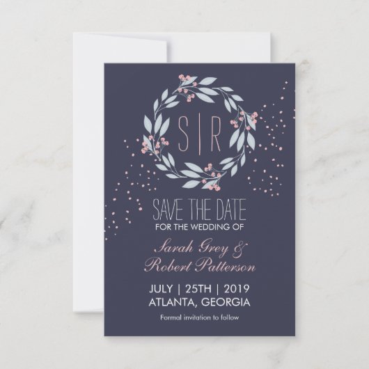 Navy Blue Pink Flower Wreatw Wedding Save the Date (Voorkant)
