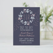 Navy Blue Pink Flower Wreatw Wedding Save the Date (Staand voorkant)