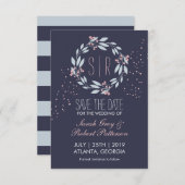 Navy Blue Pink Flower Wreatw Wedding Save the Date (Voorkant / Achterkant)