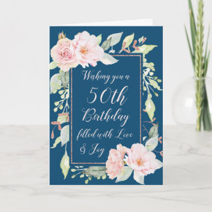 Navy Blue Pink Flowers Happy 50th Birthday Card Kaart