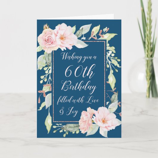 Navy Blue Pink Flowers Happy 60th Birthday Card Kaart (Voorkant)
