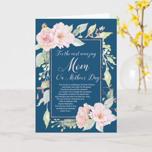 Navy Blue Pink Flowers Moederdag Kaart (Gele Bloem)