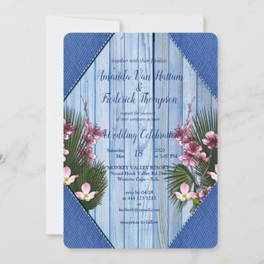 Navy - Blue & Pink Flowers Wedding Kaart (Voorkant)