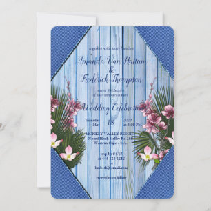 Navy - Blue & Pink Flowers Wedding Kaart