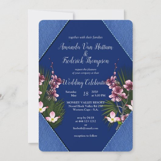 Navy - Blue & Pink Flowers Wedding Kaart (Voorkant)