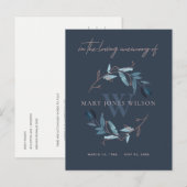 NAVY BLUE PINK FOLIAGE WREATH MEMORIAL DANK U UITNODIGING BRIEFKAART (Voorkant / Achterkant)