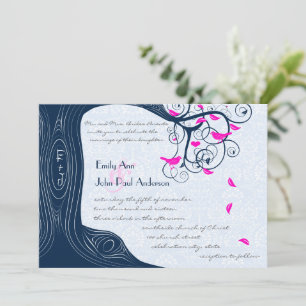 Navy Blue Pink Forest Love Bird Weduwen Invitation Kaart