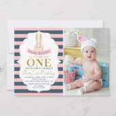 Navy Blue & Pink Gold Bunny First Birthday Foto Kaart (Voorkant)