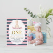 Navy Blue & Pink Gold Bunny First Birthday Foto Kaart (Staand voorkant)