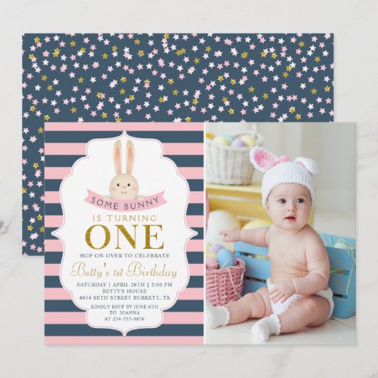 Navy Blue & Pink Gold Bunny First Birthday Foto Kaart (Voorkant / Achterkant)