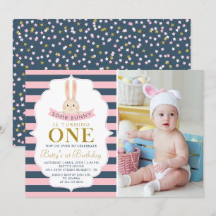 Navy Blue & Pink Gold Bunny First Birthday Foto Kaart