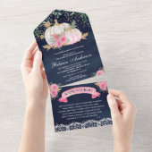 Navy Blue Pink Gold Floral Baby shower All In One Uitnodiging (Afscheurbaar)