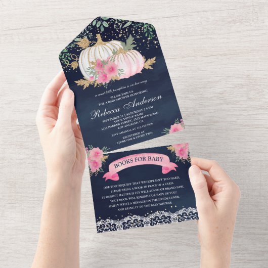 Navy Blue Pink Gold Floral Baby shower All In One Uitnodiging (Afscheurbaar)