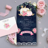 Navy Blue Pink Gold Floral Baby shower All In One Uitnodiging