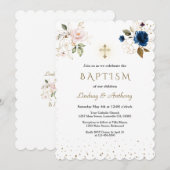 Navy Blue Pink Gold Flowers Twins Baptisme Kaart (Voorkant / Achterkant)