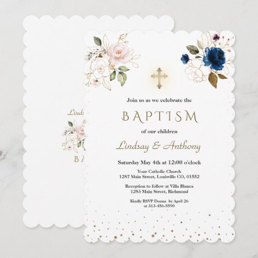 Navy Blue Pink Gold Flowers Twins Baptisme Kaart (Voorkant / Achterkant)