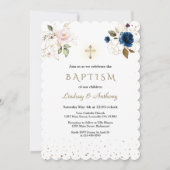 Navy Blue Pink Gold Flowers Twins Baptisme Kaart (Voorkant)