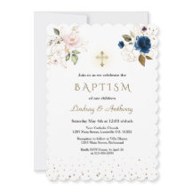Navy Blue Pink Gold Flowers Twins Baptisme