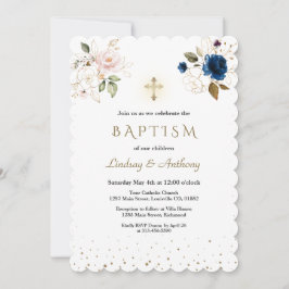 Navy Blue Pink Gold Flowers Twins Baptisme Kaart