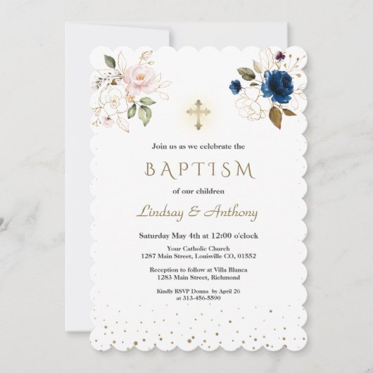 Navy Blue Pink Gold Flowers Twins Baptisme Kaart (Voorkant)