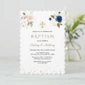 Navy Blue Pink Gold Flowers Twins Baptisme Kaart (Staand voorkant)