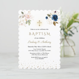 Navy Blue Pink Gold Flowers Twins Baptisme Kaart