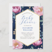 Navy Blue Pink Gold Peonies Baby shower Uitnodigin Kaart (Voorkant)