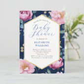 Navy Blue Pink Gold Peonies Baby shower Uitnodigin Kaart (Staand voorkant)