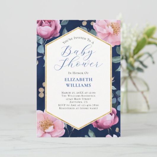 Navy Blue Pink Gold Peonies Baby shower Uitnodigin Kaart (Staand voorkant)